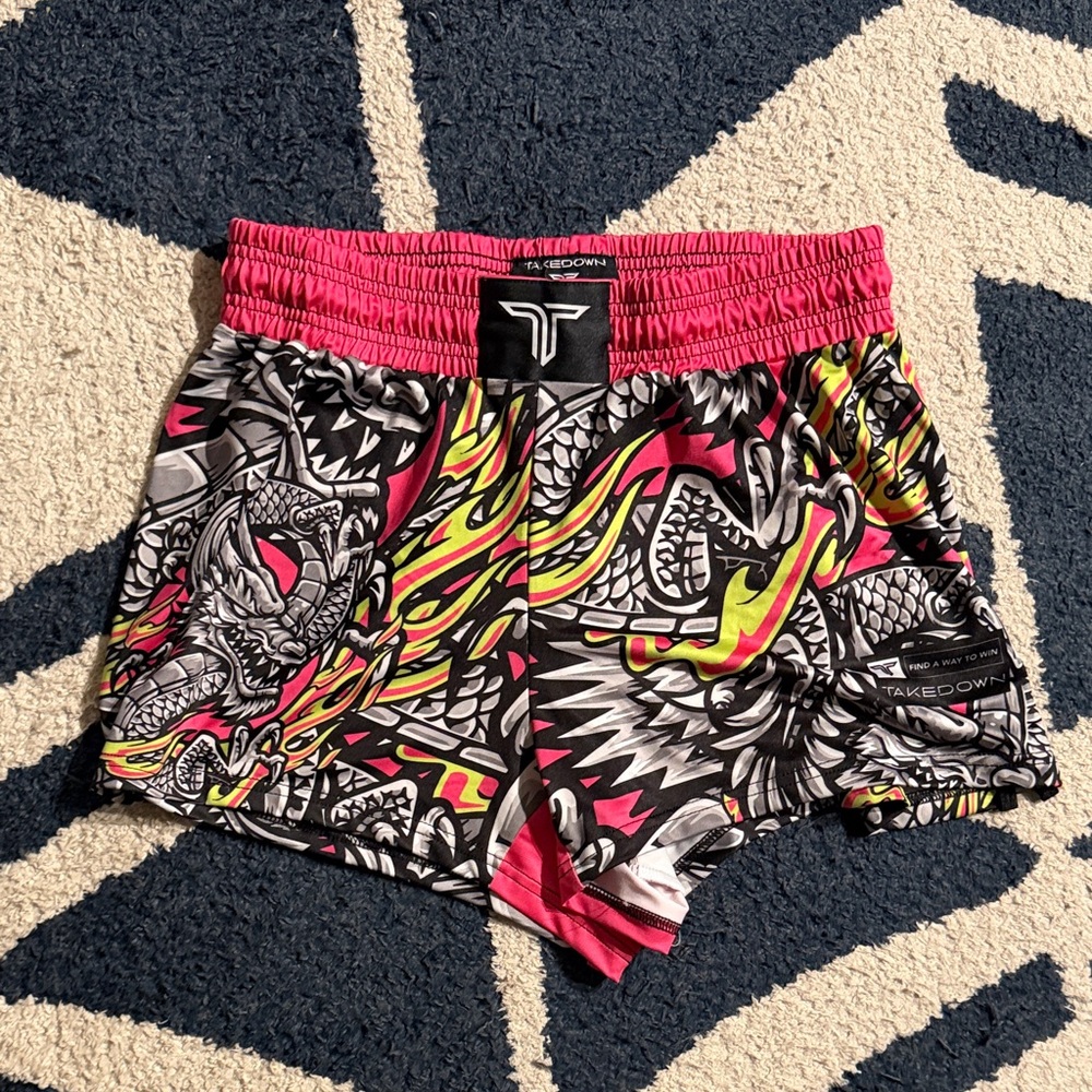 Women's Dragon Print Athletic Shorts - Pink and Black